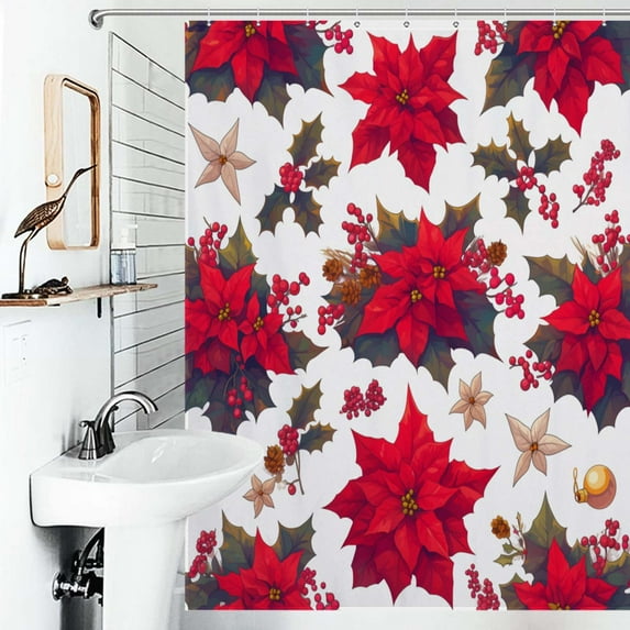 Shower Curtain Winter Flower, Poinsettia, Rowan Tree Bathroom Waterproof Polyester Home Ration Curtain With Hook