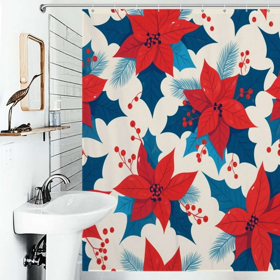 Shower Curtain Winter Flower, Poinsettia, Rowan Tree Polyester Waterproof Home Ration Curtain With Hook