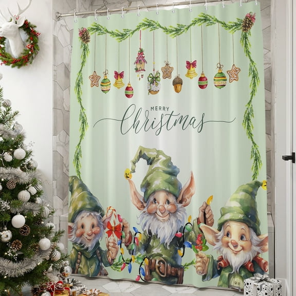 Shower Curtain,Winter Green Elf Waterproof Shower Curtain Set with Hooks for Bathroom Showers,Stalls and Bathtubs,36x72in,Christmas Bell Star Pinecone Ball Ornament