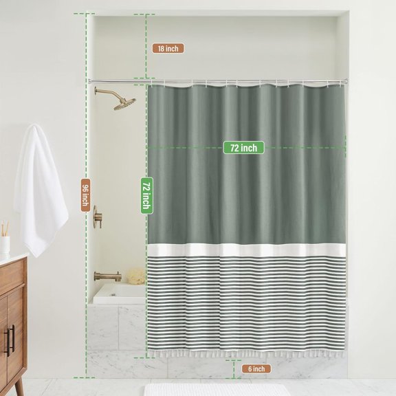 Shower Curtain With White Tassels Modern Farmhouse White Striped Sage Green Shower [5192]
