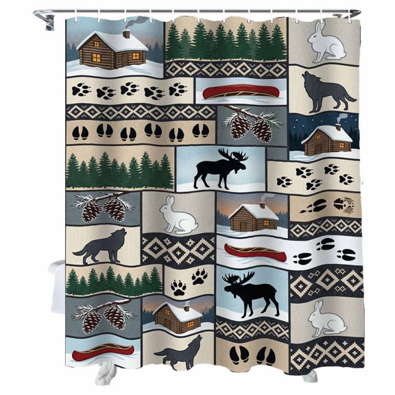 Shower Curtain Wolf Rabbit Shower Curtains for Bathroom Bathtub, Waterproof Fabric Shower Curtain Set with Hooks, Small Stall Size 36" x 72" Wild Animals Tree Pine Forest