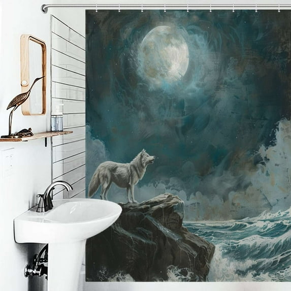Shower Curtain Wolf Under The Moon Bath Curtain Polyester Fabric Bathroom Ration With Hooks