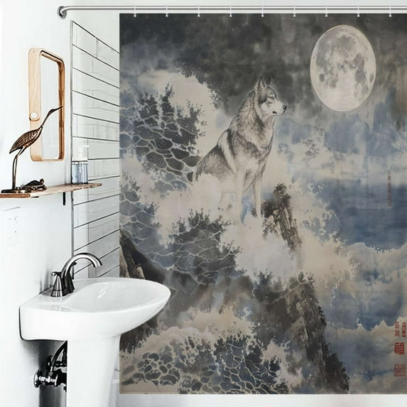Shower Curtain Wolf Under The Moon Polyester Waterproof Home Ration Curtain With Hook