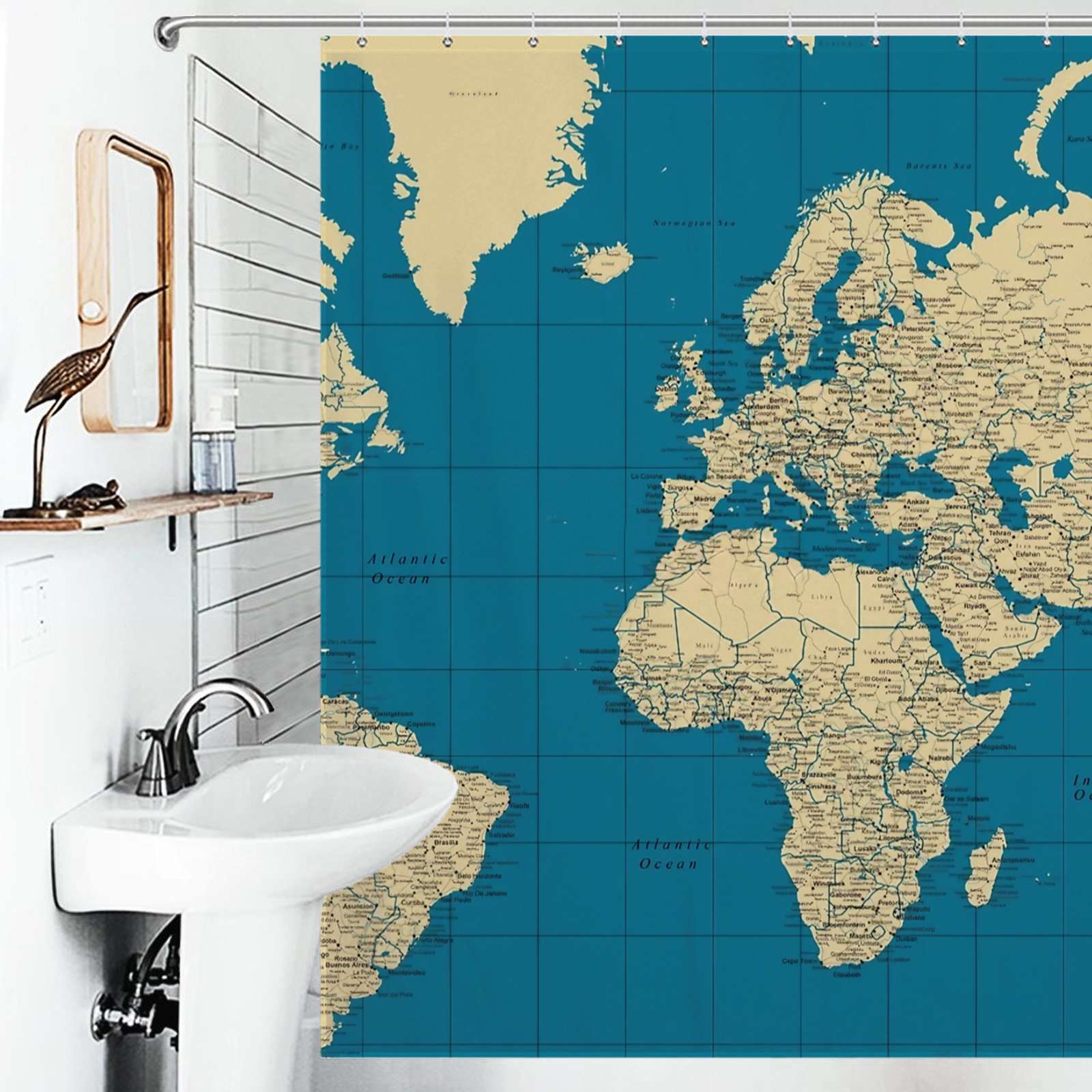 Shower Curtain World Political Map With Countries, Cities Roads Lakes ...