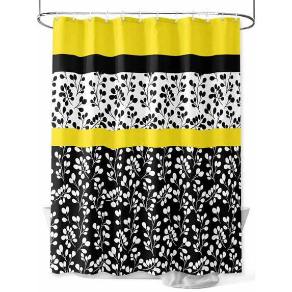 Shower Curtain Yellow Black Leaves Bathroom Curtains with Hooks, Waterproof Fabric Stitching Stripes Bath Shower Curtains Set for Bathroom Bathtubs Decor 72x72 Inch