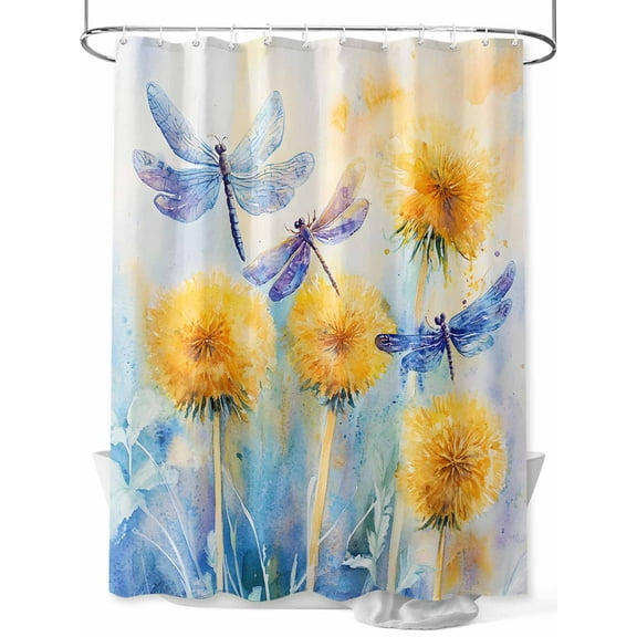 Shower Curtain Yellow Dandelions Bath Curtains Decor Blue Dragonfly Waterproof Polyester Fabric Bathroom Shower Curtain Set with 12 Hooks Decoration 72 x 72 Inches