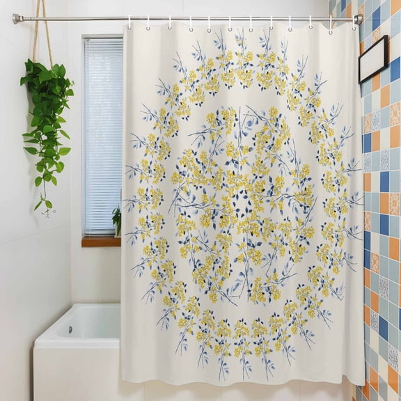 Shower Curtain, Yellow Flower Round Floral Watercolor Waterproof Polyester Fabric Bath Curtain with Hooks for Bathroom Bathtub Stalls, Country Leaf 36x72IN