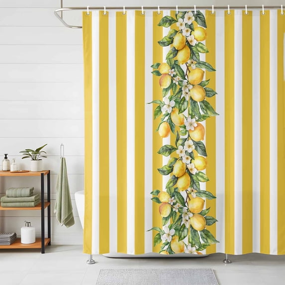Shower Curtain Yellow Lemon Stripes Shower Curtains for Bathroom Decor, Waterproof Polyester Shower Curtain Set with Hooks, Standard Size 72" x 72" Floral Fruit Leaves
