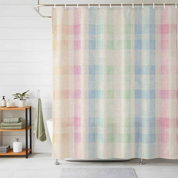 Shower Curtain Yellow Pink Blue Green Check Shower Curtains for Bathroom Decor, Waterproof Polyester Shower Curtain Set with Hooks, Extra Long 72" x 78" Watercolor Check