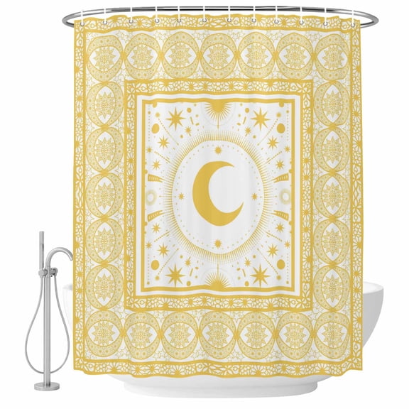 Shower Curtain Yellow Stars Moon Bathroom Curtains with Hooks, Waterproof Fabric Boho Gorgeous Geometric Bath Shower Curtains Set for Bathroom Bathtubs Decor 36x72 Inch