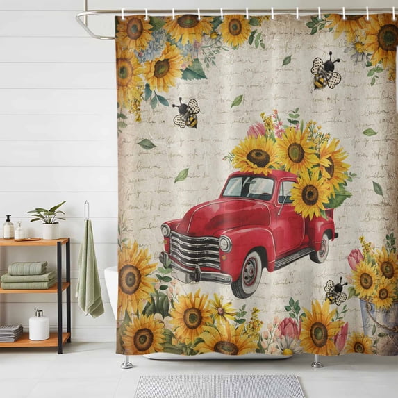 Shower Curtain Yellow Sunflower Truck Shower Curtains for Bathroom Decor, Waterproof Polyester Shower Curtain Set with Hooks, Standard Size 72" x 72" Farmhouse Retro