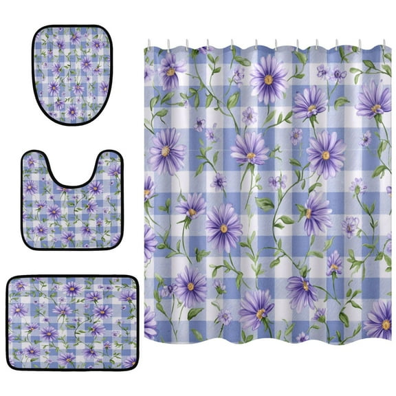 Shower Curtain and Rug Sets 4pcs Bathroom Sets Includes 12 Free Hooks 66" x 72" Beautiful Lush Purple Daisies