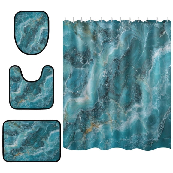 Shower Curtain and Rug Sets 4pcs Bathroom Sets Includes 12 Free Hooks 66" x 72" Blue Green Marble Pattern