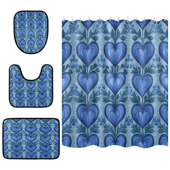Shower Curtain and Rug Sets 4pcs Bathroom Sets Includes 12 Free Hooks 66" x 72" Blue Growing Hearts Pattern