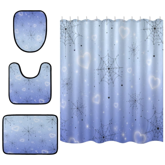 Shower Curtain and Rug Sets 4pcs Bathroom Sets Includes 12 Free Hooks 66" x 72" Blue Heart Spider Web Print