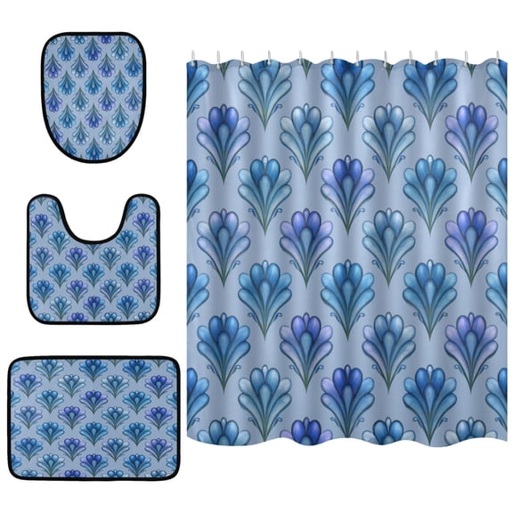 Shower Curtain and Rug Sets 4pcs Bathroom Sets Includes 12 Free Hooks 66" x 72" Blue Stamen Pattern