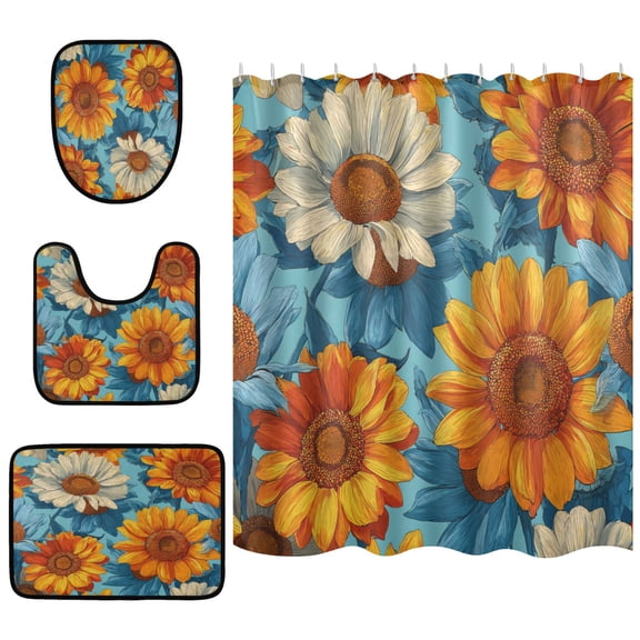 Shower Curtain and Rug Sets 4pcs Bathroom Sets Includes 12 Free Hooks 66" x 72" Blue and Yellow Beautiful Sunflowers