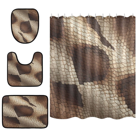 Shower Curtain and Rug Sets 4pcs Bathroom Sets Includes 12 Free Hooks 66" x 72" Brown Snake Skin Pattern
