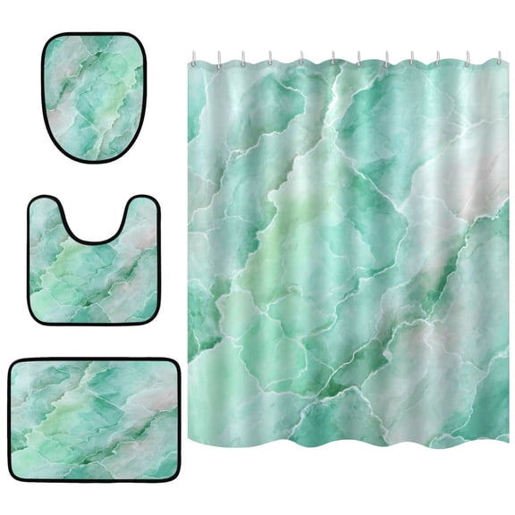 Shower Curtain and Rug Sets 4pcs Bathroom Sets Includes 12 Free Hooks 66" x 72" Calm Mint Marble Pattern