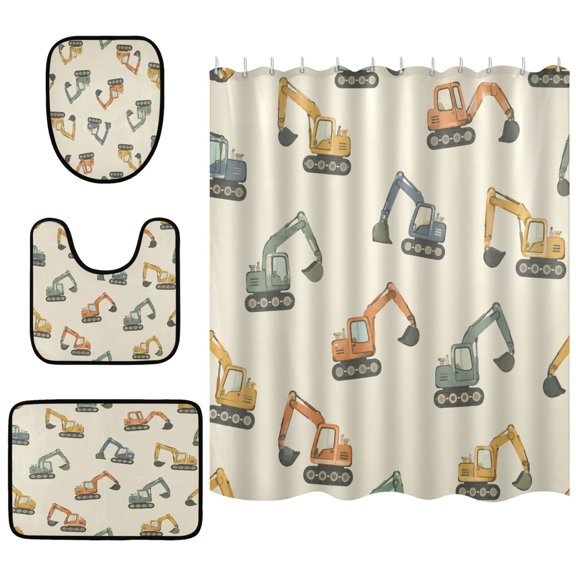 Shower Curtain and Rug Sets 4pcs Bathroom Sets Includes 12 Free Hooks 66" x 72" Construction Vehicle Print