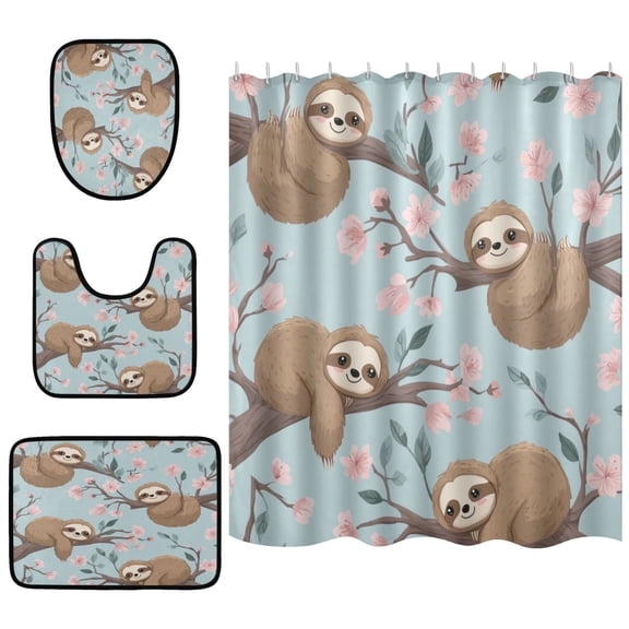 Shower Curtain and Rug Sets 4pcs Bathroom Sets Includes 12 Free Hooks 66" x 72" Cute Cartoon Sloth