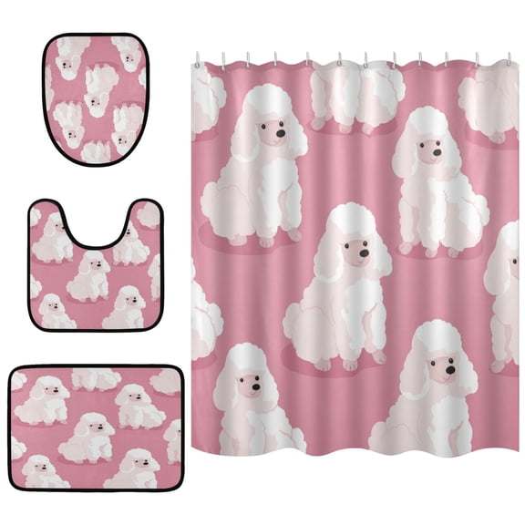 Shower Curtain and Rug Sets 4pcs Bathroom Sets Includes 12 Free Hooks 66" x 72" Cute White Dogs