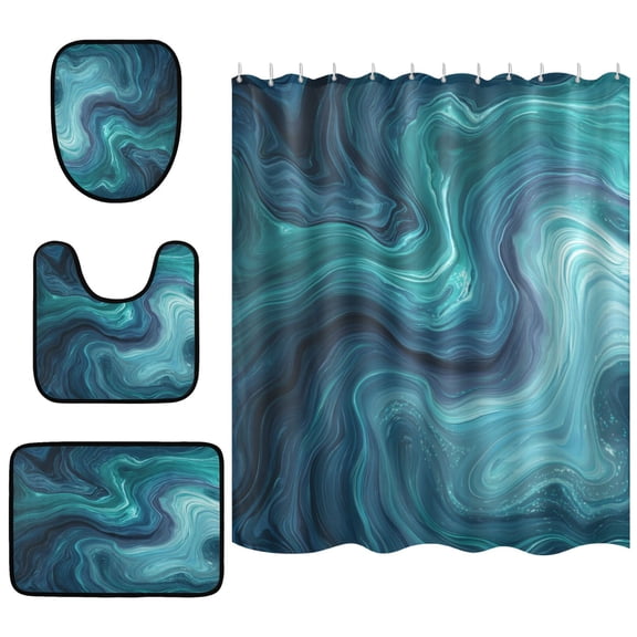 Shower Curtain and Rug Sets 4pcs Bathroom Sets Includes 12 Free Hooks 66" x 72" Dark Blue Ocean Waves