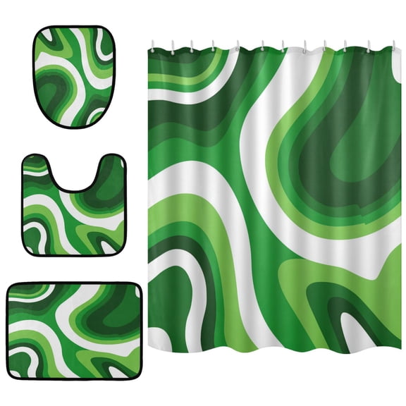 Shower Curtain and Rug Sets 4pcs Bathroom Sets Includes 12 Free Hooks 66" x 72" Deep Green Thick Lines