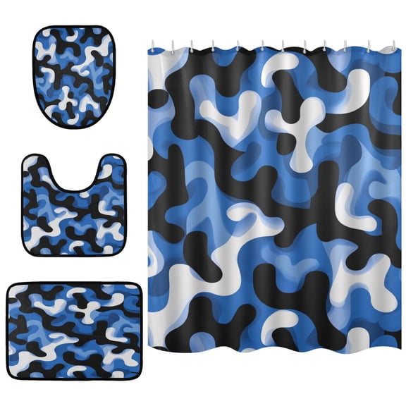 Shower Curtain and Rug Sets 4pcs Bathroom Sets Includes 12 Free Hooks 66" x 72" Digital Blue and Black
