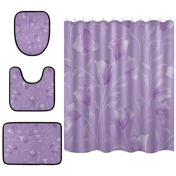Shower Curtain and Rug Sets 4pcs Bathroom Sets Includes 12 Free Hooks 66" x 72" Elegant Lavender Design