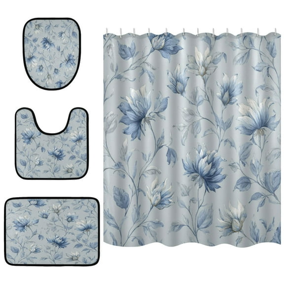 Shower Curtain and Rug Sets 4pcs Bathroom Sets Includes 12 Free Hooks 66" x 72" Exquisite Blue Peony Design
