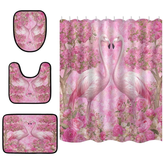 Shower Curtain and Rug Sets 4pcs Bathroom Sets Includes 12 Free Hooks 66" x 72" Flamingo Love Pink Paradise