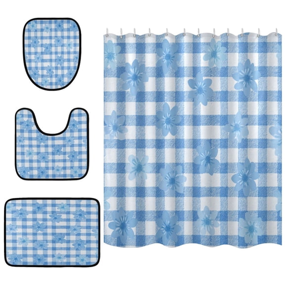 Shower Curtain and Rug Sets 4pcs Bathroom Sets Includes 12 Free Hooks 66" x 72" Fresh Blue Gingham Floral Design