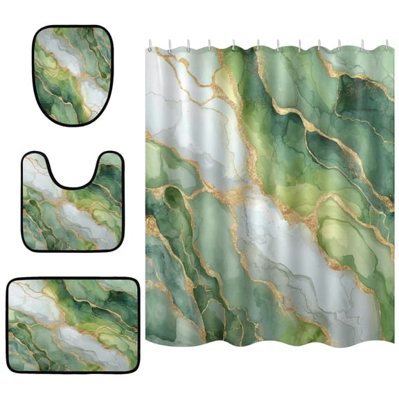 Shower Curtain and Rug Sets 4pcs Bathroom Sets Includes 12 Free Hooks 66" x 72" Fresh Golden-green Marble