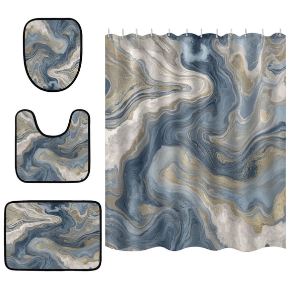 Shower Curtain and Rug Sets 4pcs Bathroom Sets Includes 12 Free Hooks 66" x 72" Gray Swirling Water