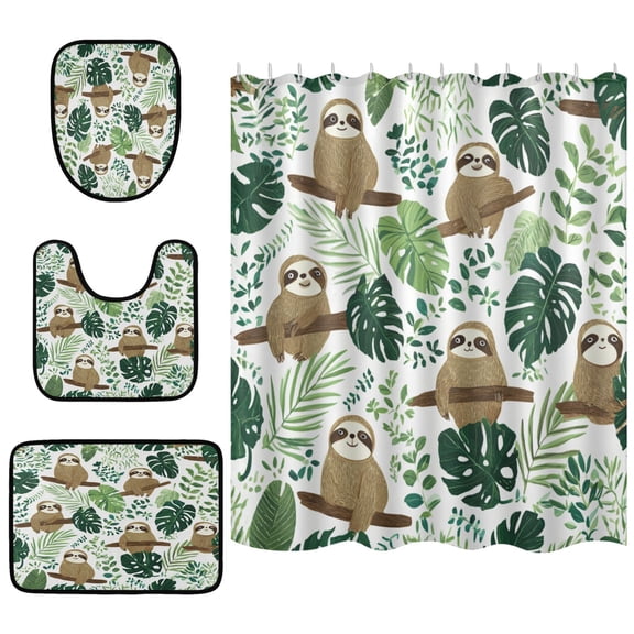 Shower Curtain and Rug Sets 4pcs Bathroom Sets Includes 12 Free Hooks 66" x 72" Leafy Sloth Design