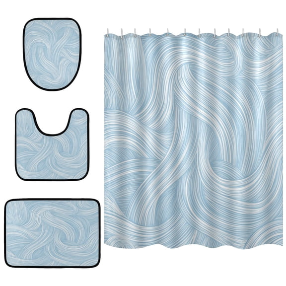Shower Curtain and Rug Sets 4pcs Bathroom Sets Includes 12 Free Hooks 66" x 72" Light Blue Wavy Lines