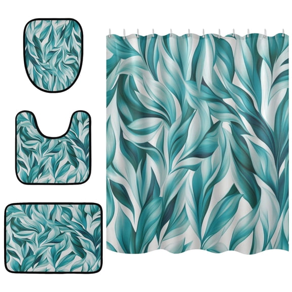 Shower Curtain and Rug Sets 4pcs Bathroom Sets Includes 12 Free Hooks 66" x 72" Light Green Leaves
