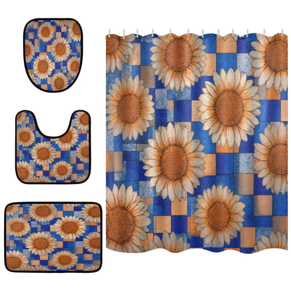 Shower Curtain and Rug Sets 4pcs Bathroom Sets Includes 12 Free Hooks 66" x 72" Light Yellow Sunflowers