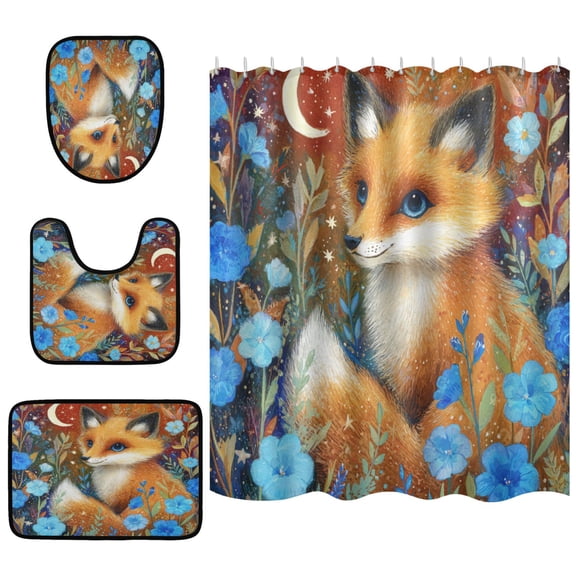 Shower Curtain and Rug Sets 4pcs Bathroom Sets Includes 12 Free Hooks 66" x 72" Lovely Little Fox
