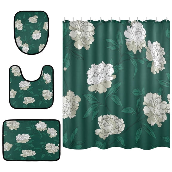 Shower Curtain and Rug Sets 4pcs Bathroom Sets Includes 12 Free Hooks 66" x 72" Lush Gardenias