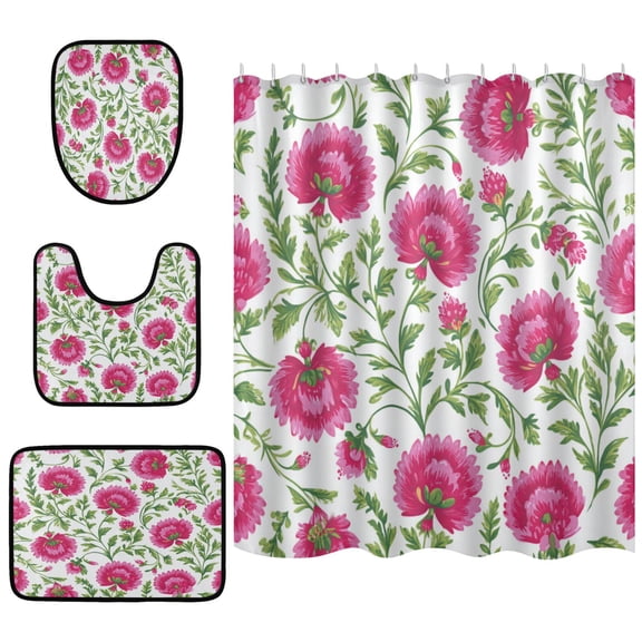 Shower Curtain and Rug Sets 4pcs Bathroom Sets Includes 12 Free Hooks 66" x 72" Lush Pink Peonies