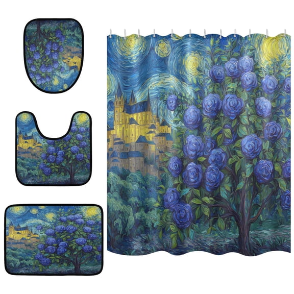 Shower Curtain and Rug Sets 4pcs Bathroom Sets Includes 12 Free Hooks 66" x 72" Midnight Rose Citadel