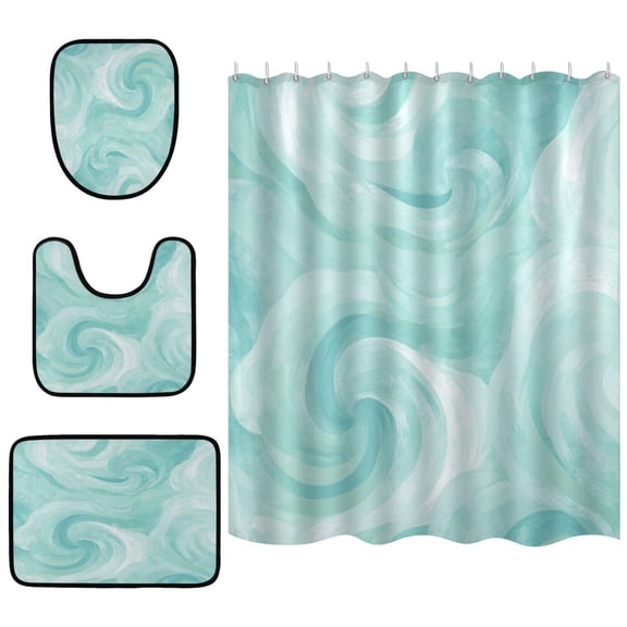 Shower Curtain and Rug Sets 4pcs Bathroom Sets Includes 12 Free Hooks 66" x 72" Mint Swirl Watercolor Print