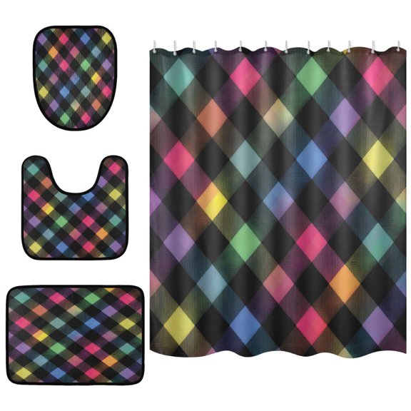 Shower Curtain and Rug Sets 4pcs Bathroom Sets Includes 12 Free Hooks 66" x 72" Neon Rainbow Checkered Pattern