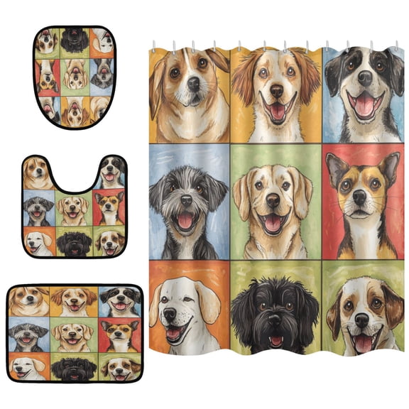 Shower Curtain and Rug Sets 4pcs Bathroom Sets Includes 12 Free Hooks 66" x 72" Nine-square Grid Dogs