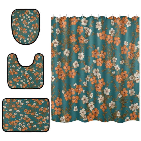 Shower Curtain and Rug Sets 4pcs Bathroom Sets Includes 12 Free Hooks 66" x 72" Orange Peach Blossom