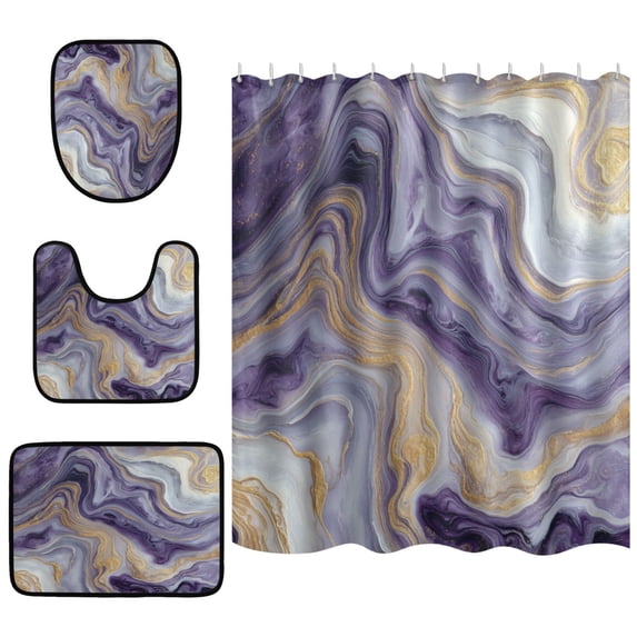 Shower Curtain and Rug Sets 4pcs Bathroom Sets Includes 12 Free Hooks 66" x 72" Purple Marble Pattern