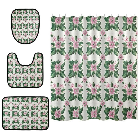 Shower Curtain and Rug Sets 4pcs Bathroom Sets Includes 12 Free Hooks 66" x 72" Seamless Pattern Flowers