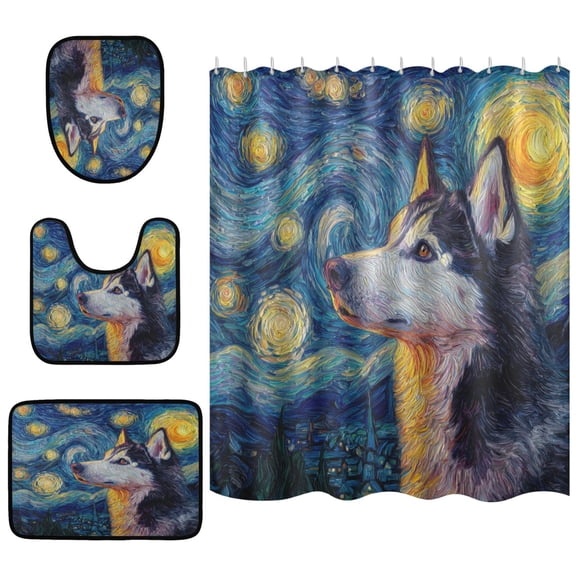 Shower Curtain and Rug Sets 4pcs Bathroom Sets Includes 12 Free Hooks 66" x 72" Siberian Husky